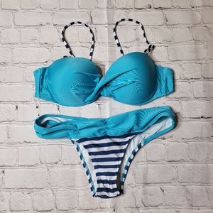 Turquoise Navy Blue Stripe Bikini - Cheeky Bottoms - Push-Up Cups - Size L